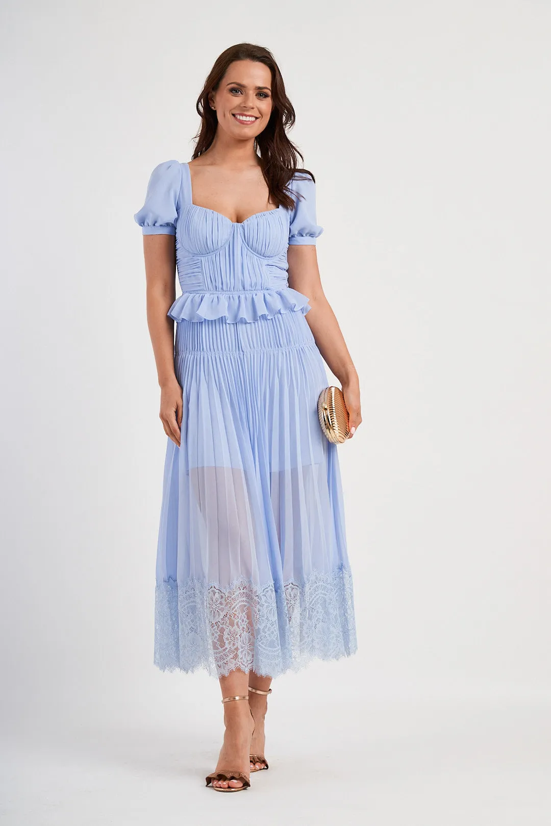 Self-Portrait Blue Pleated Chiffon Midi Dress