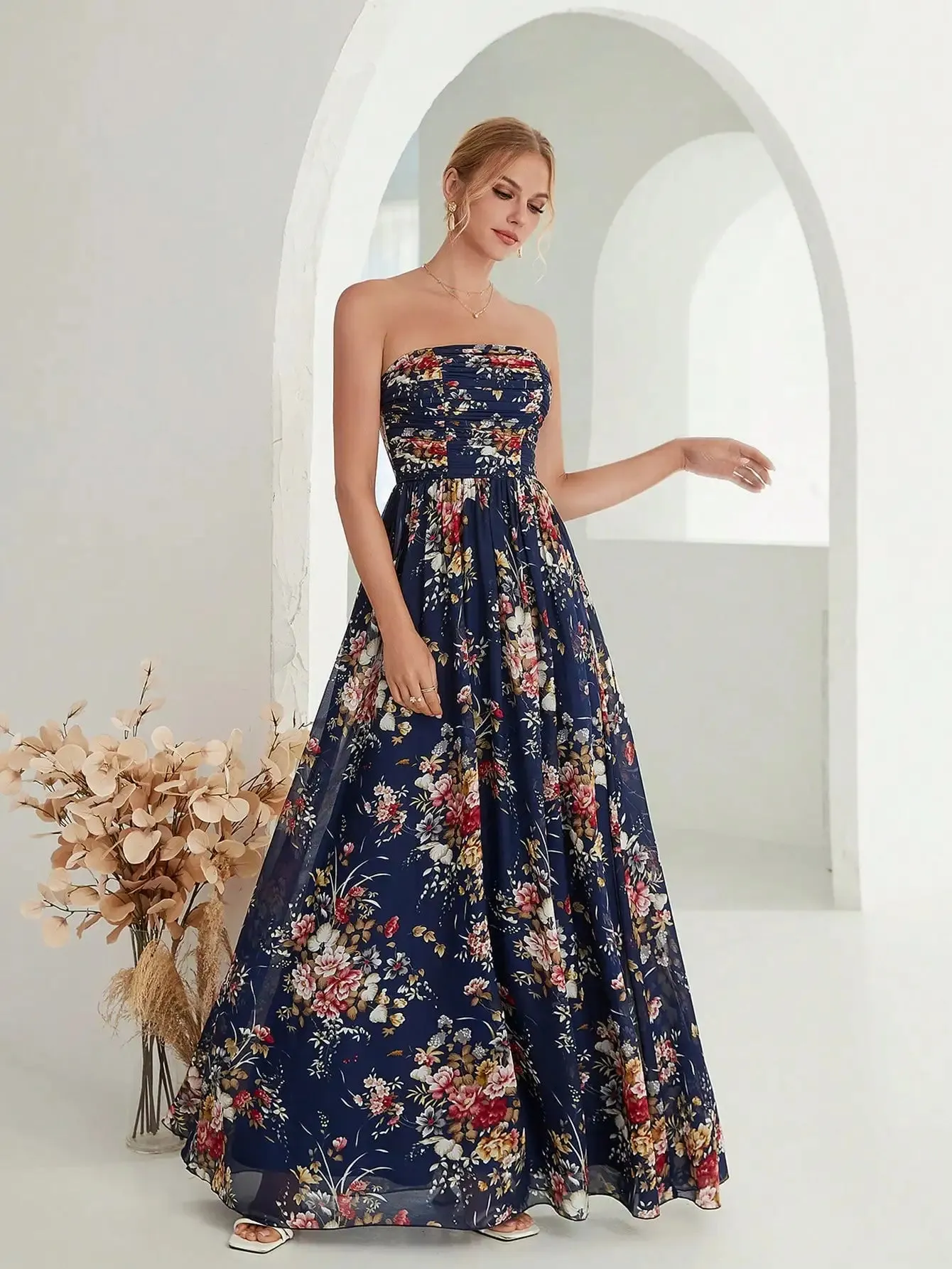 Strapless Pleated Floral Printed Chiffon Maxi Dress