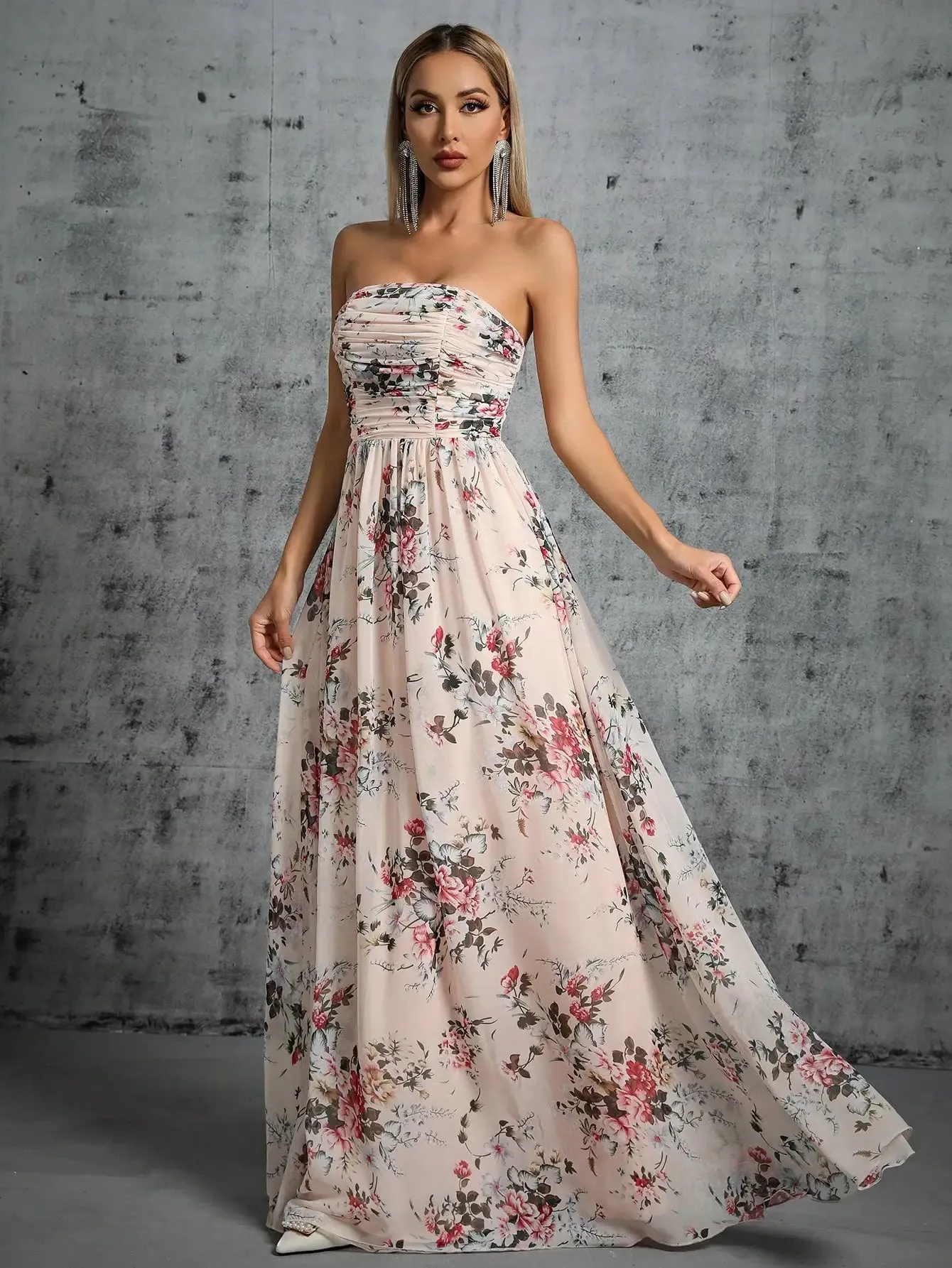 Strapless Pleated Floral Printed Chiffon Maxi Dress