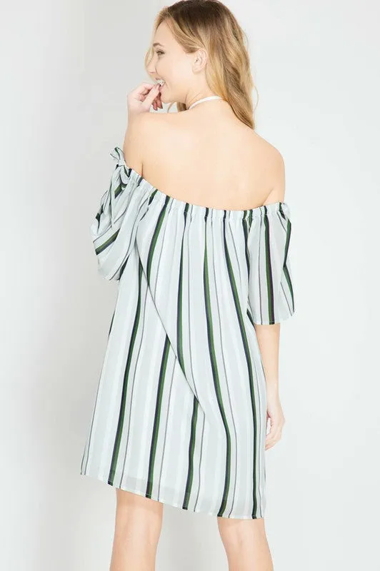 Striped Off Shoulder Silk Dress