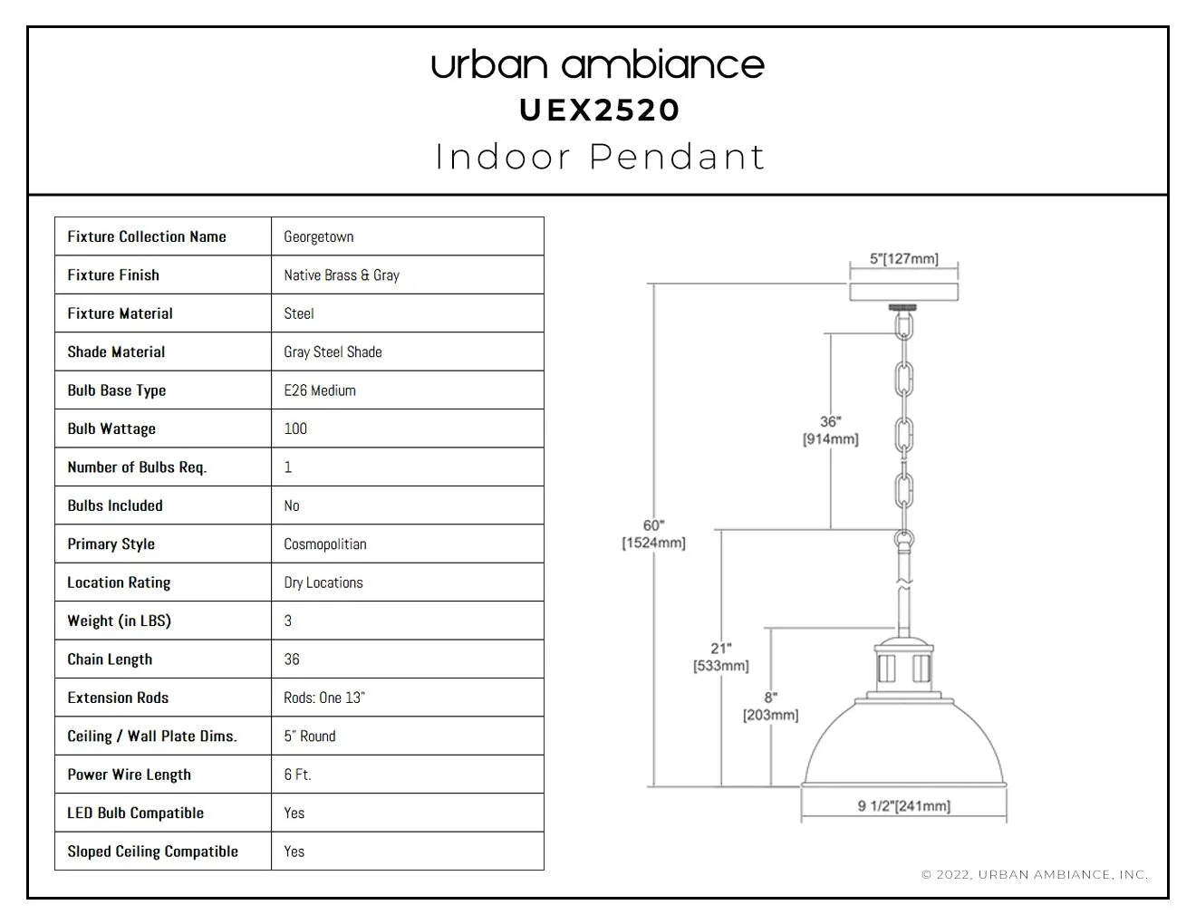 UEX2520 Cosmopolitan Pendant 8''H x 10''W, Native Brass & Gray Finish, Georgetown Collection