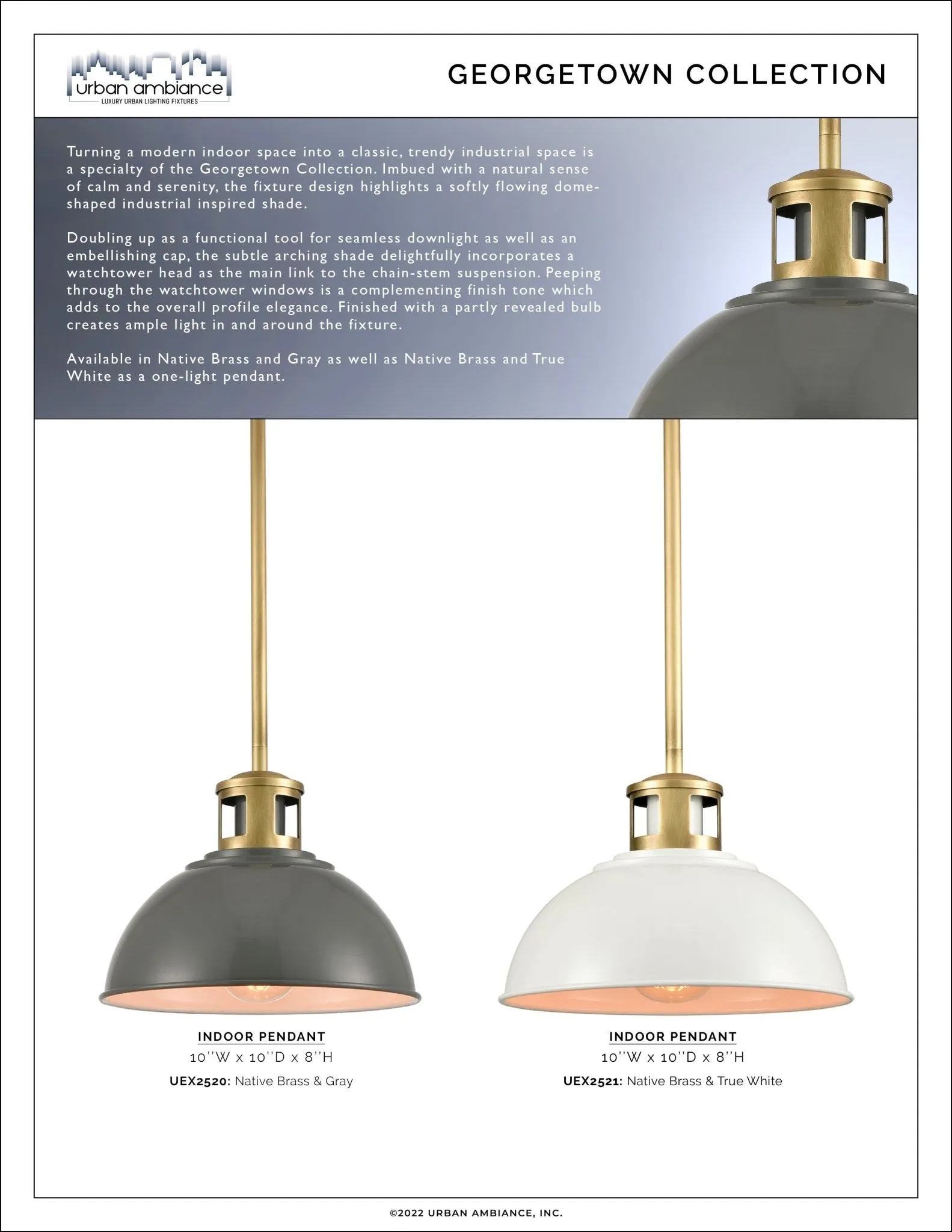 UEX2520 Cosmopolitan Pendant 8''H x 10''W, Native Brass & Gray Finish, Georgetown Collection