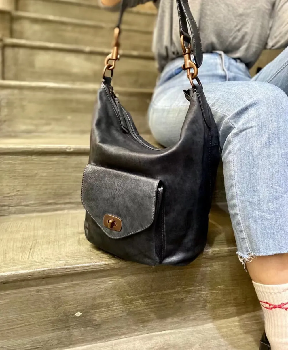 Vintage Full Grain Leather Hobo Shoulder Bag ｜ Handcrafted Cowhide Leather Bucket Bag