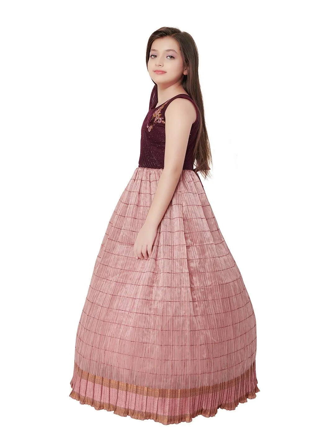 Wine Coloured Trendy Wire Styled Pattern Maxi Dress Gown For Girls