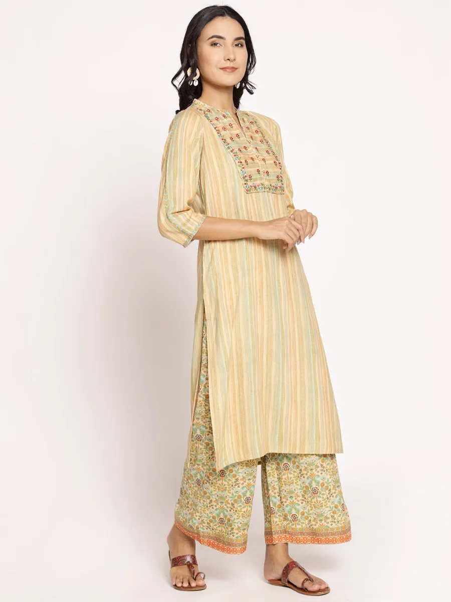 Women Beige Multi Embroidered Kurta With Palazzo