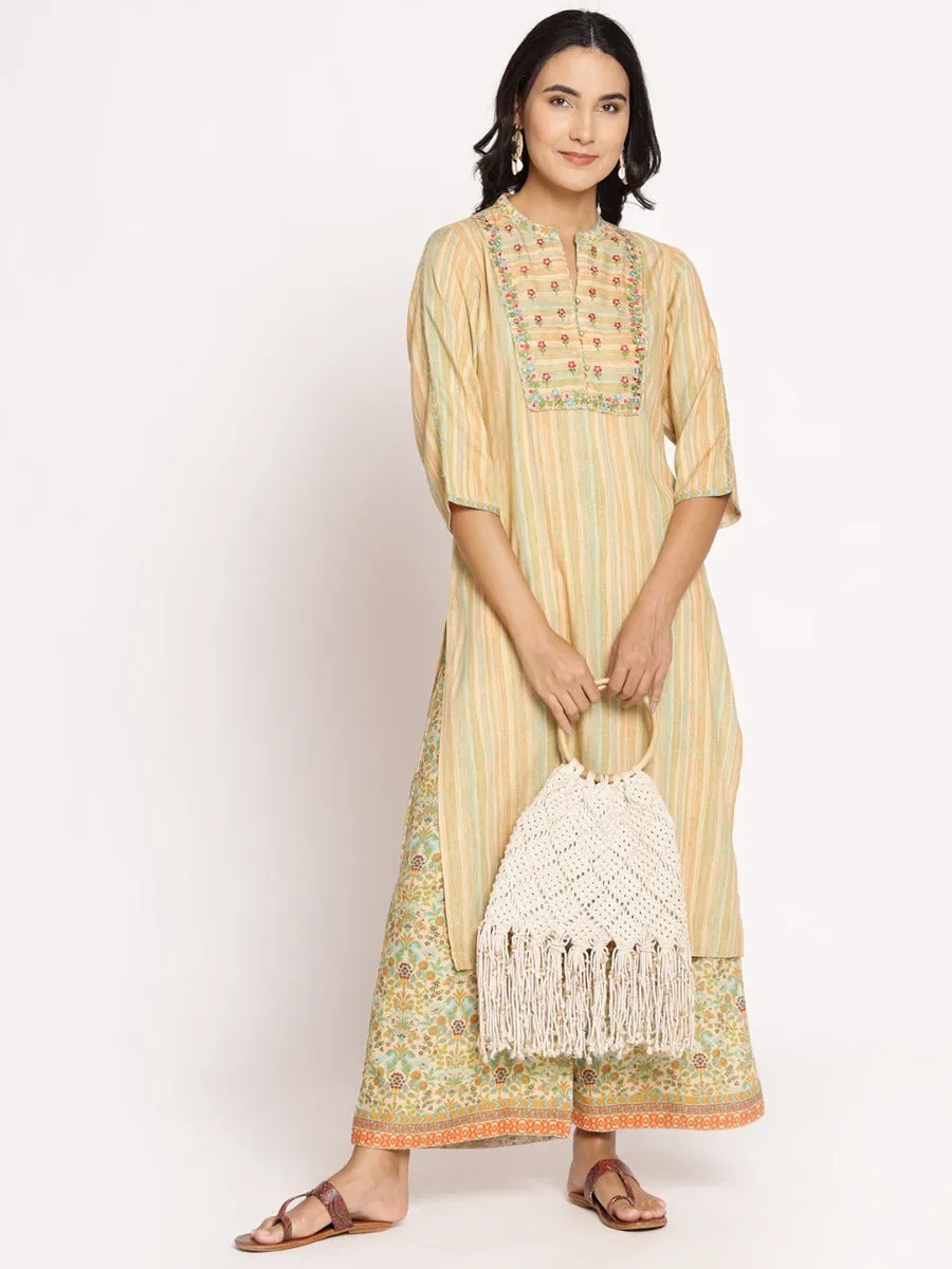 Women Beige Multi Embroidered Kurta With Palazzo